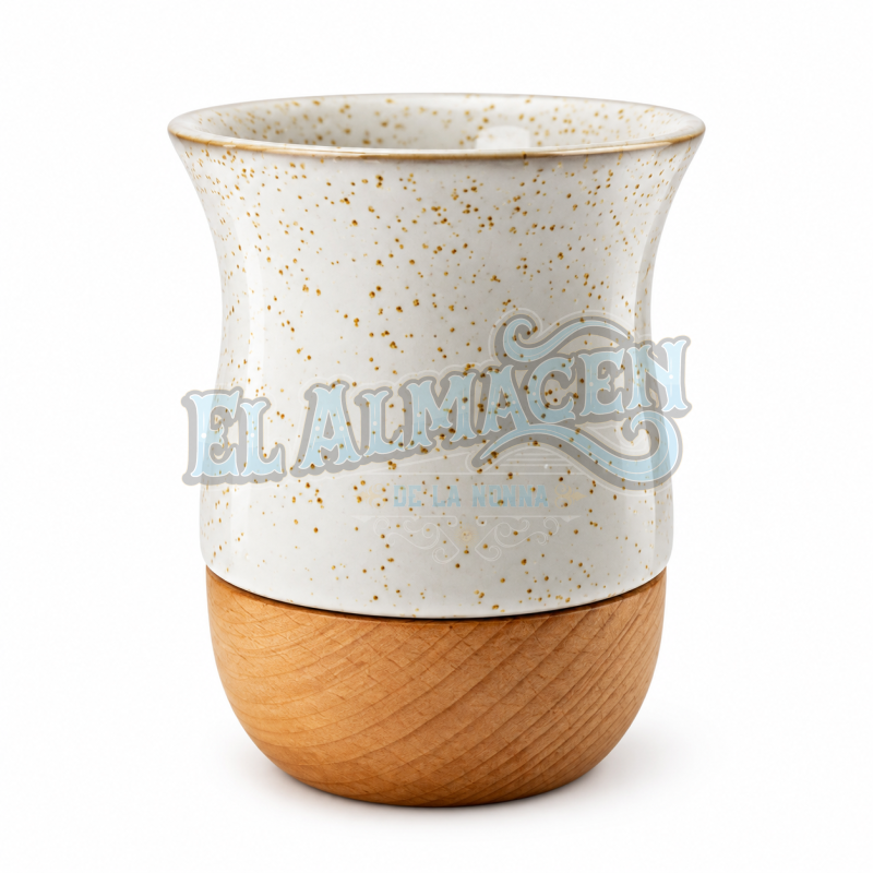 Mate en Ceramica y Madera Blanco