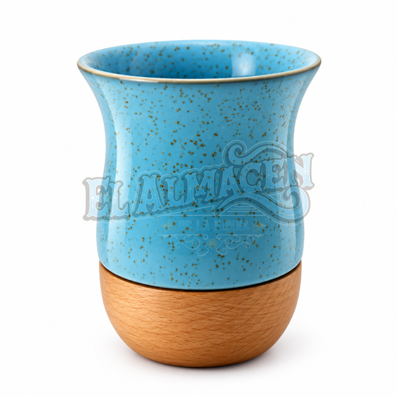 Mate en Ceramica y Madera Celeste pastel